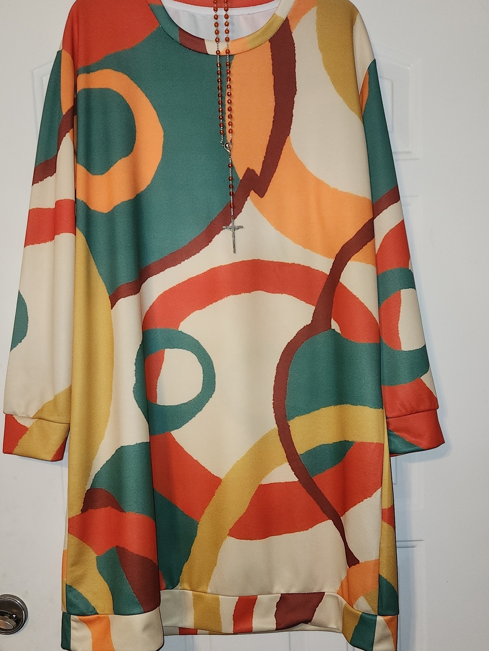 Abstract Colorblock Long-Sleeve Dress in Teal, Coral & Mustard